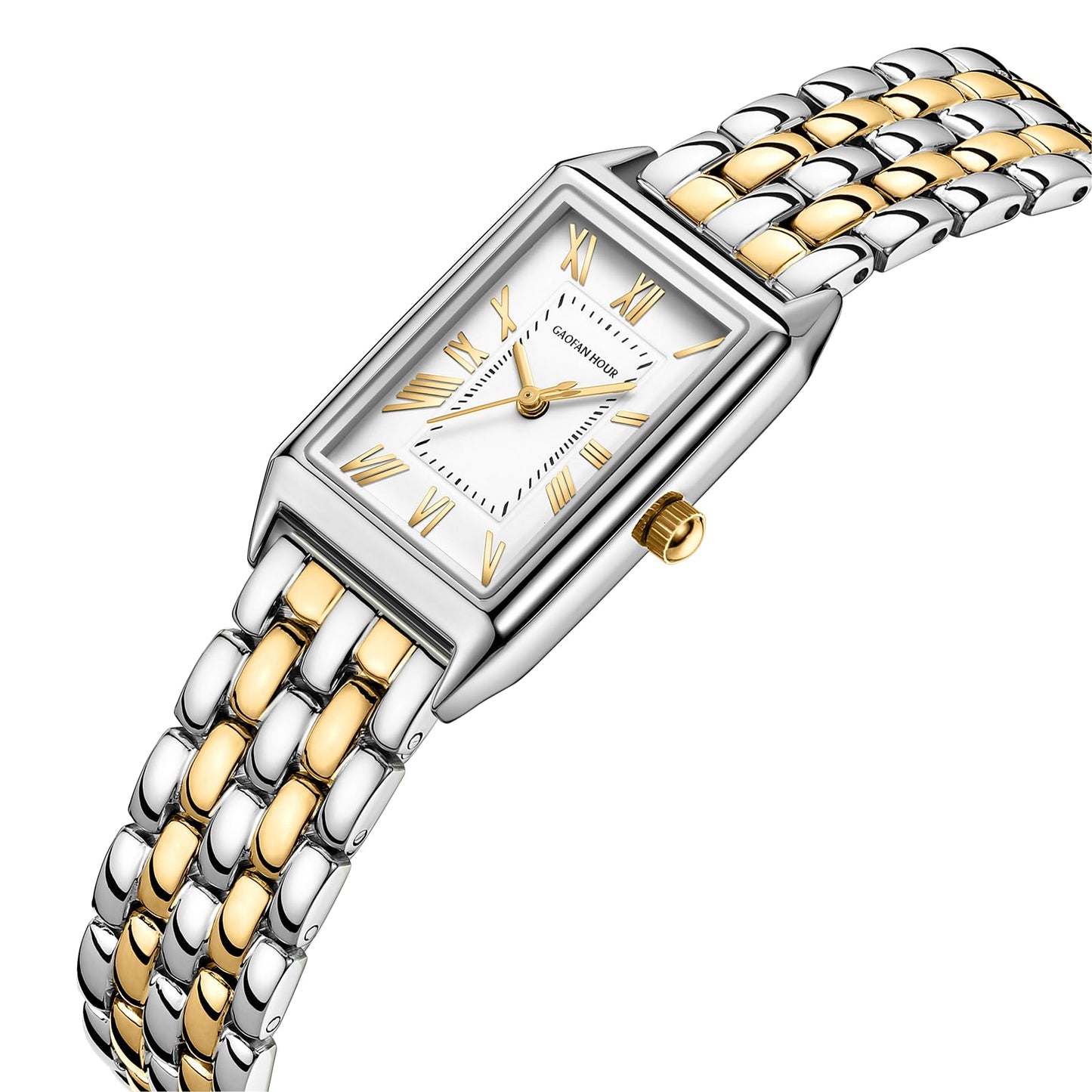 Gold Watches for Women with Vintage Rectangular Case,White Roman Dial,Stainless Steel Band,Adjustment Tool Included,Water Resistant - Canvas & Charms