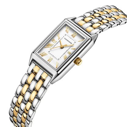 Gold Watches for Women with Vintage Rectangular Case,White Roman Dial,Stainless Steel Band,Adjustment Tool Included,Water Resistant - Canvas & Charms