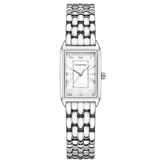 Gold Watches for Women with Vintage Rectangular Case,White Roman Dial,Stainless Steel Band,Adjustment Tool Included,Water Resistant - Canvas & Charms
