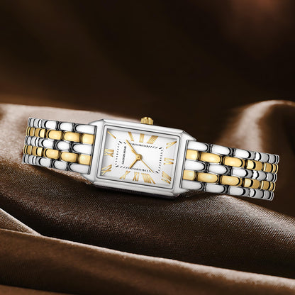 Gold Watches for Women with Vintage Rectangular Case,White Roman Dial,Stainless Steel Band,Adjustment Tool Included,Water Resistant - Canvas & Charms