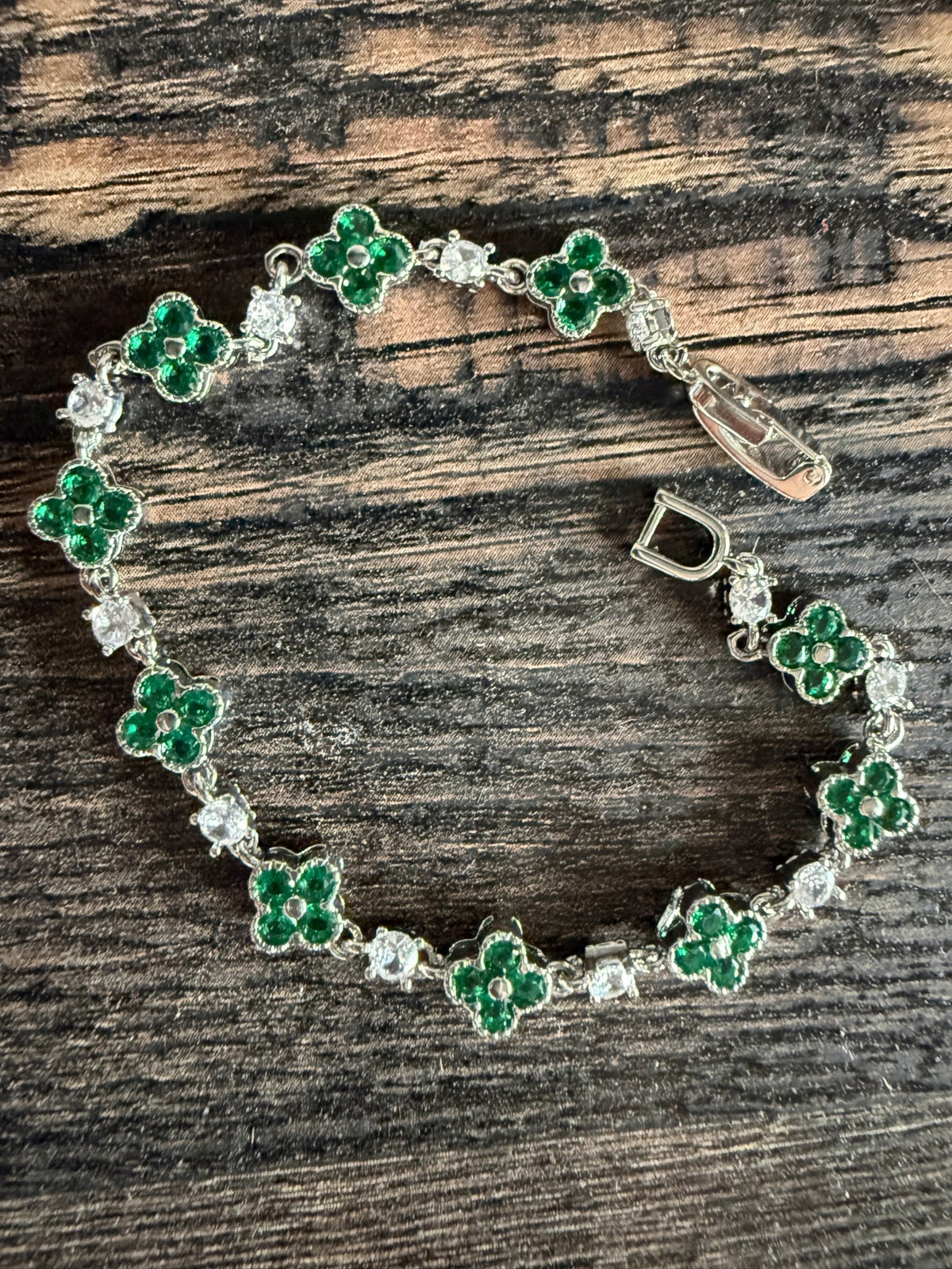 Green Clover Dainty Silver Bracelet 6.5 Inches Clasp - Canvas & Charms