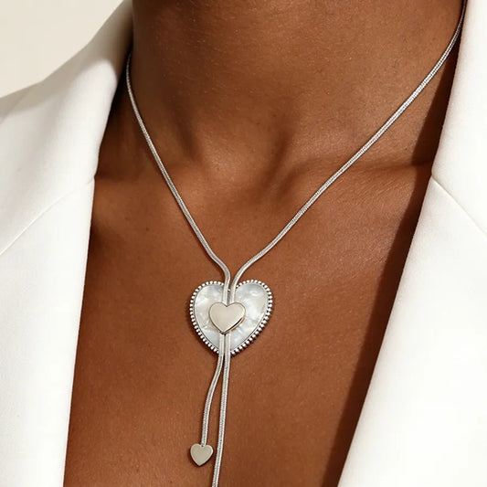 Heart Shape Necklace for Adults with Waterproof Non Tarnish Electroplated 304 Stainless Steel and Zircon Inlay, Featuring Woven Chain - Canvas & Charms