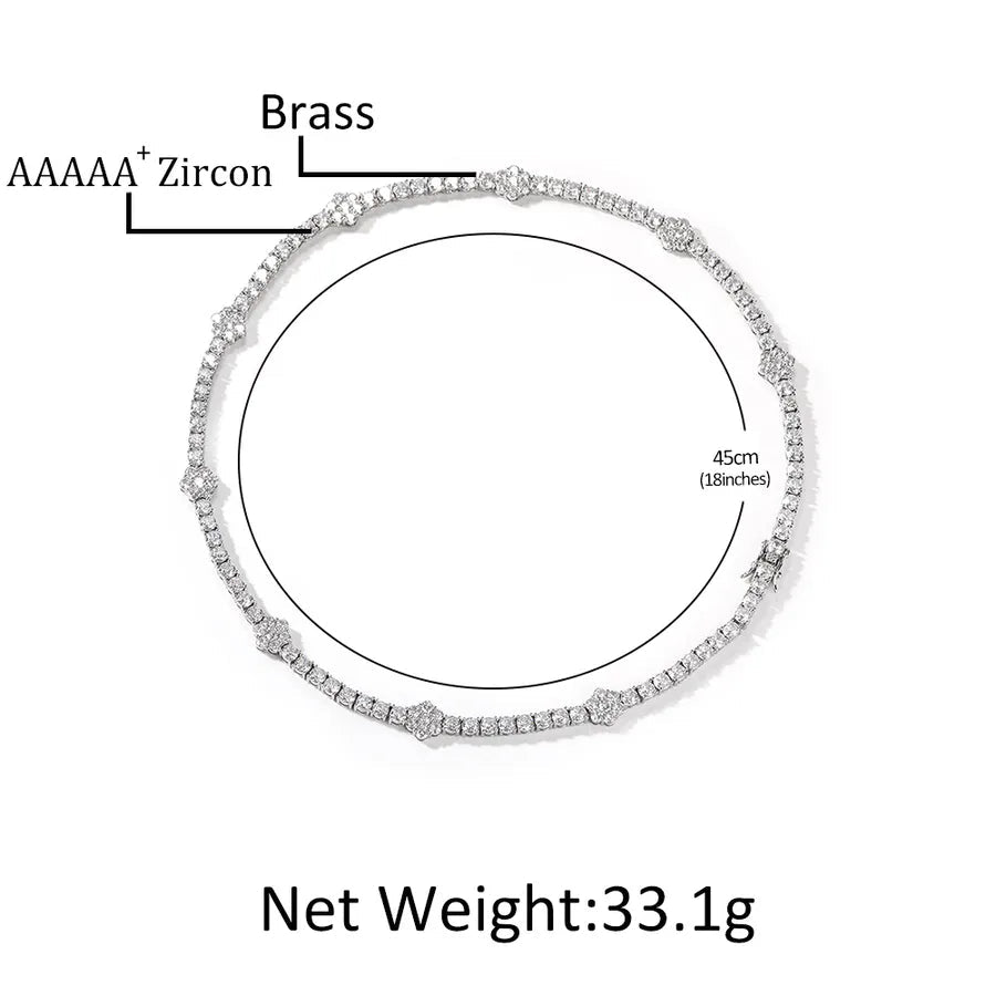 High Quality 5A Zircon Flower Tennis Chain Hip Hop Necklace Cool Trendy Unisex Lightweight Clavicle Jewelry Accessory - Canvas & Charms