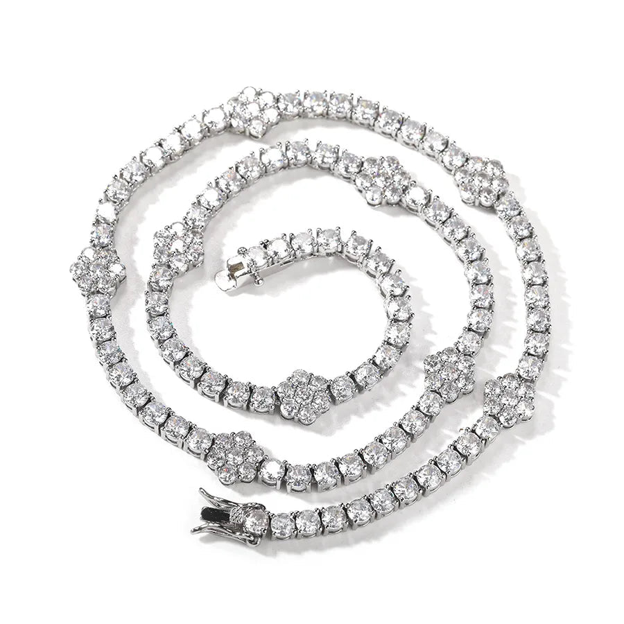 High Quality 5A Zircon Flower Tennis Chain Hip Hop Necklace Cool Trendy Unisex Lightweight Clavicle Jewelry Accessory - Canvas & Charms