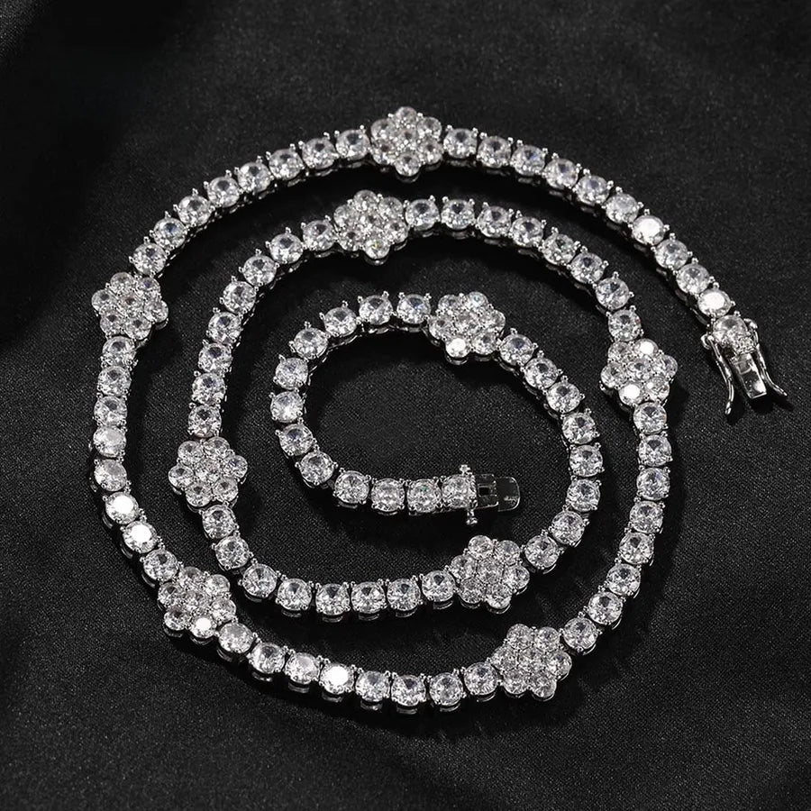 High Quality 5A Zircon Flower Tennis Chain Hip Hop Necklace Cool Trendy Unisex Lightweight Clavicle Jewelry Accessory - Canvas & Charms