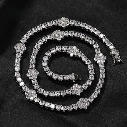High Quality 5A Zircon Flower Tennis Chain Hip Hop Necklace Cool Trendy Unisex Lightweight Clavicle Jewelry Accessory - Canvas & Charms