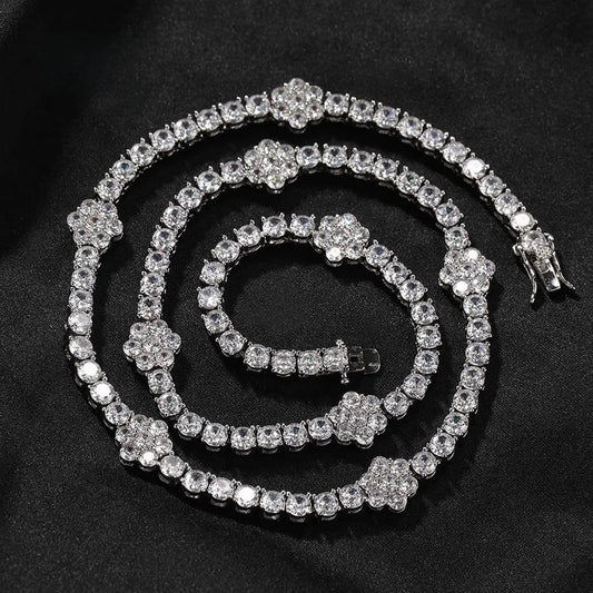 High Quality 5A Zircon Flower Tennis Chain Hip Hop Necklace Cool Trendy Unisex Lightweight Clavicle Jewelry Accessory - Canvas & Charms