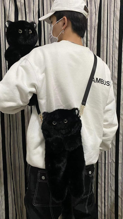 HUIJUFU Women's Cat Shaped Purse - Black Crossbody Shoulder Bag - Canvas & Charms