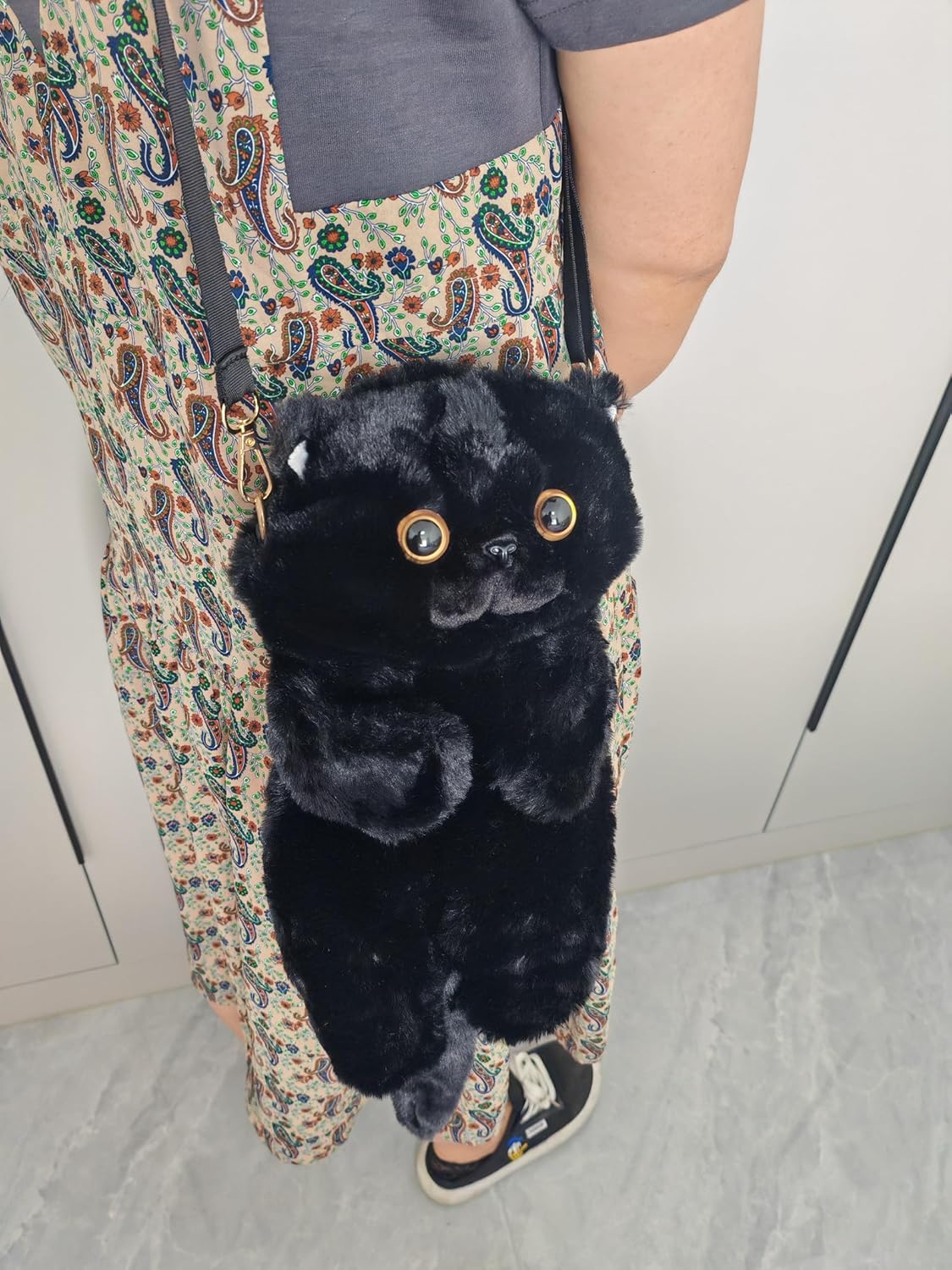HUIJUFU Women's Cat Shaped Purse - Black Crossbody Shoulder Bag - Canvas & Charms