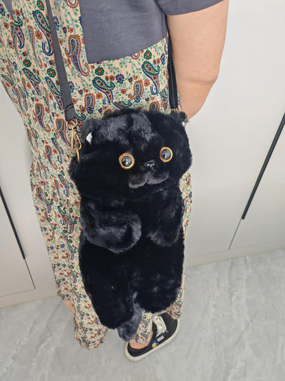 HUIJUFU Women's Cat Shaped Purse - Black Crossbody Shoulder Bag - Canvas & Charms