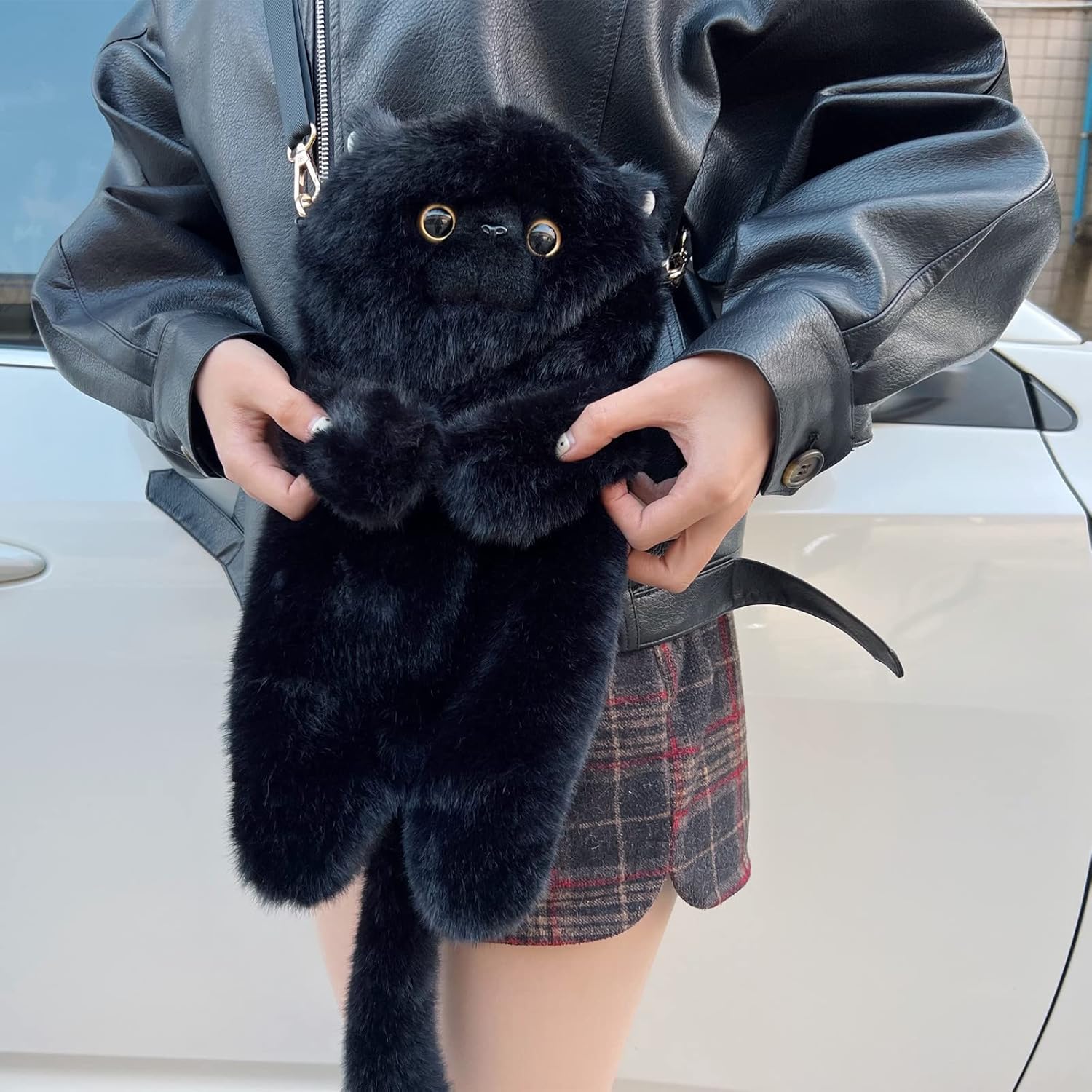 HUIJUFU Women's Cat Shaped Purse - Black Crossbody Shoulder Bag - Canvas & Charms
