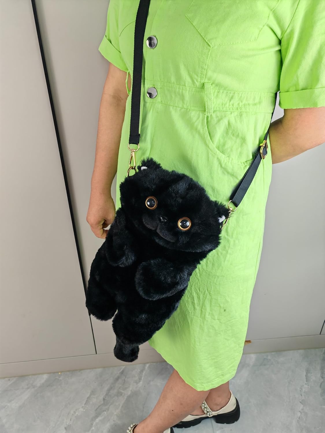HUIJUFU Women's Cat Shaped Purse - Black Crossbody Shoulder Bag - Canvas & Charms
