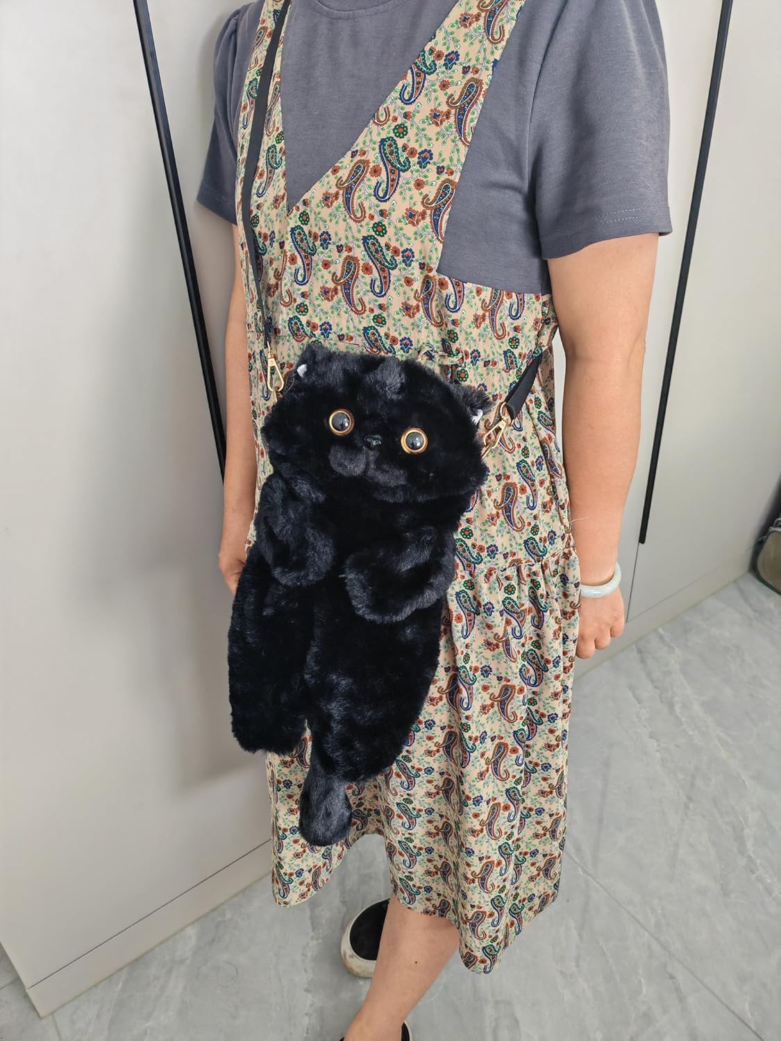 HUIJUFU Women's Cat Shaped Purse - Black Crossbody Shoulder Bag - Canvas & Charms