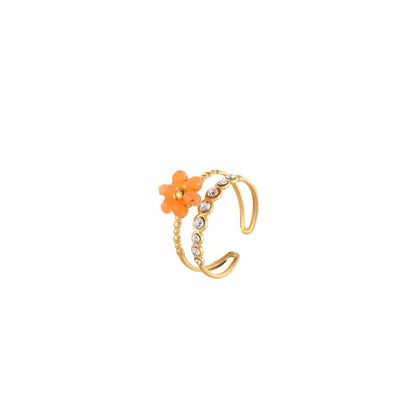 INS French Style Fresh Beaded Flower Stainless Steel Ring 18K Gold Plated Design Sense Hand Jewelry Wholesale - Canvas & Charms