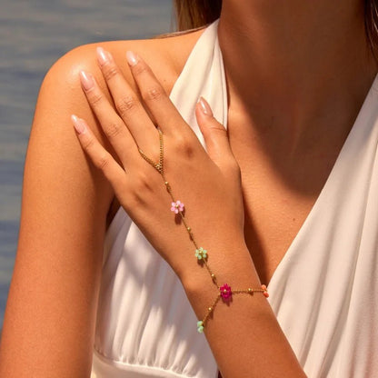 INS Style Elegant Design Beaded Flower Finger Ring Stainless Steel Bracelet Real Gold Plated Jewelry Wholesale - Canvas & Charms