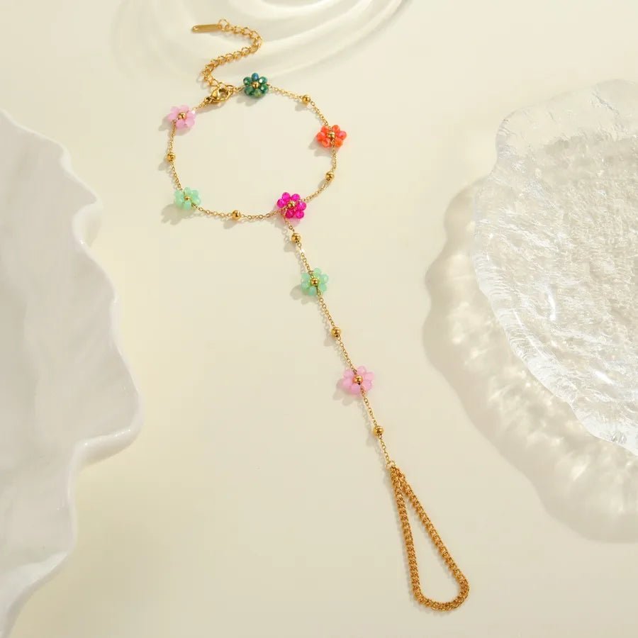 INS Style Elegant Design Beaded Flower Finger Ring Stainless Steel Bracelet Real Gold Plated Jewelry Wholesale - Canvas & Charms