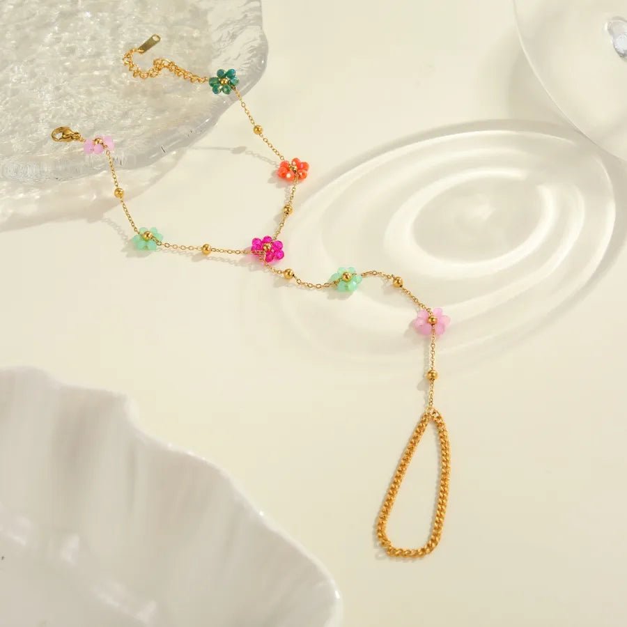 INS Style Elegant Design Beaded Flower Finger Ring Stainless Steel Bracelet Real Gold Plated Jewelry Wholesale - Canvas & Charms