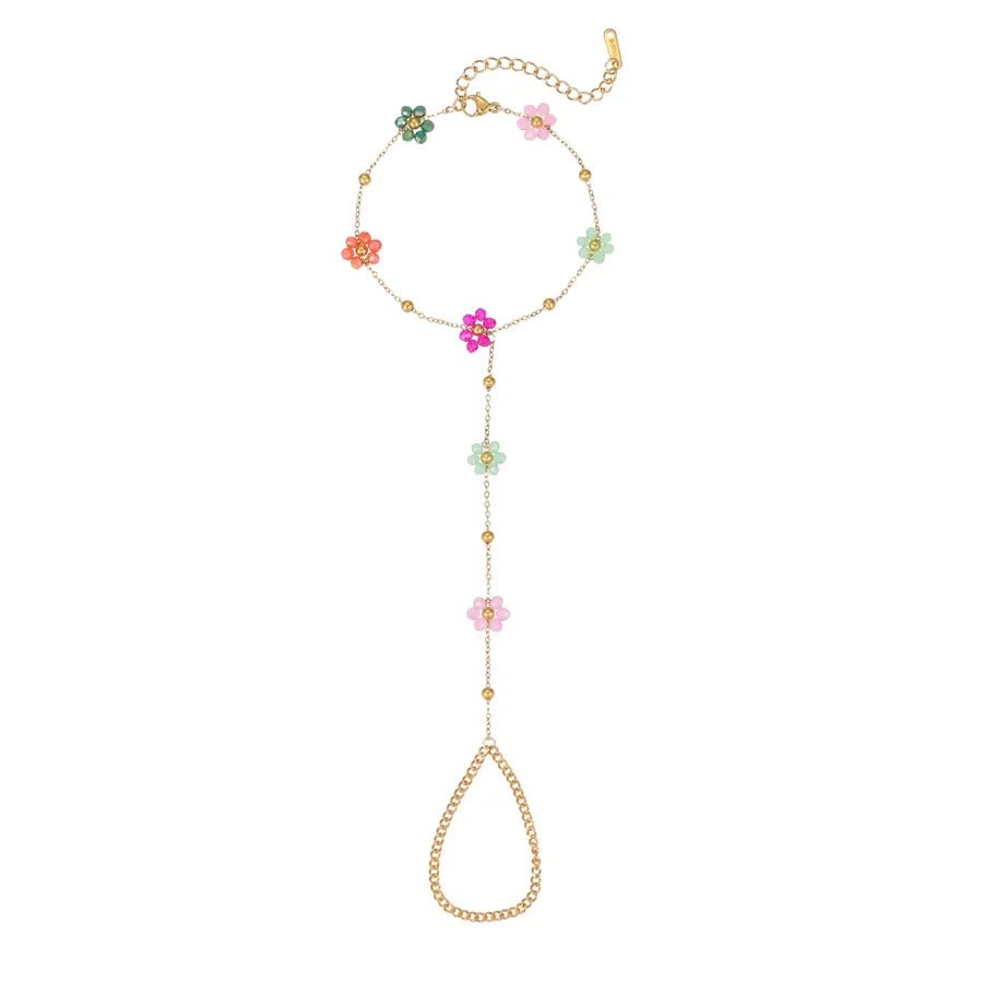 INS Style Elegant Design Beaded Flower Finger Ring Stainless Steel Bracelet Real Gold Plated Jewelry Wholesale - Canvas & Charms
