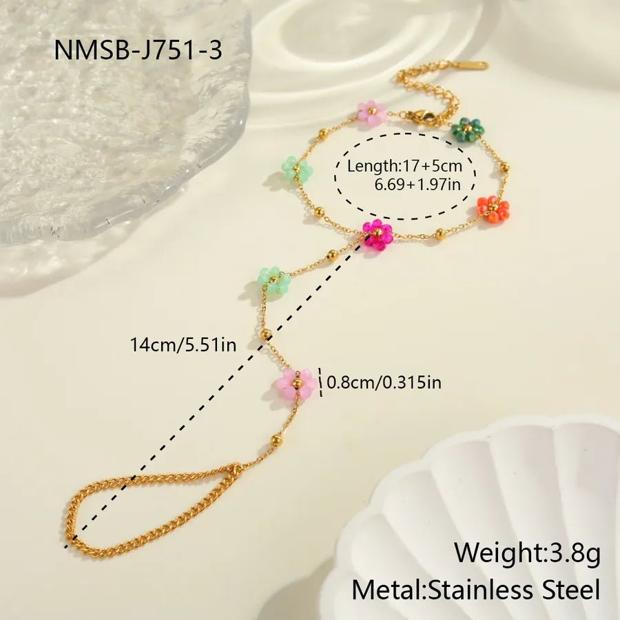 INS Style Elegant Design Beaded Flower Finger Ring Stainless Steel Bracelet Real Gold Plated Jewelry Wholesale - Canvas & Charms