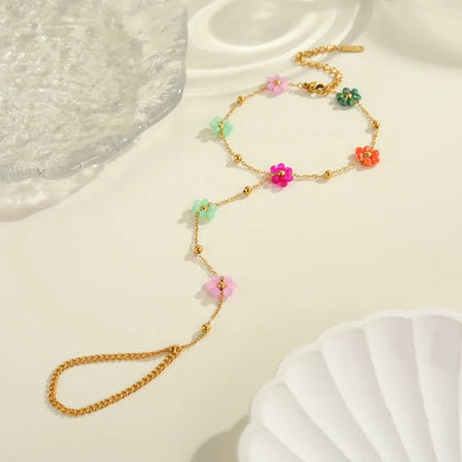 INS Style Elegant Design Beaded Flower Finger Ring Stainless Steel Bracelet Real Gold Plated Jewelry Wholesale - Canvas & Charms
