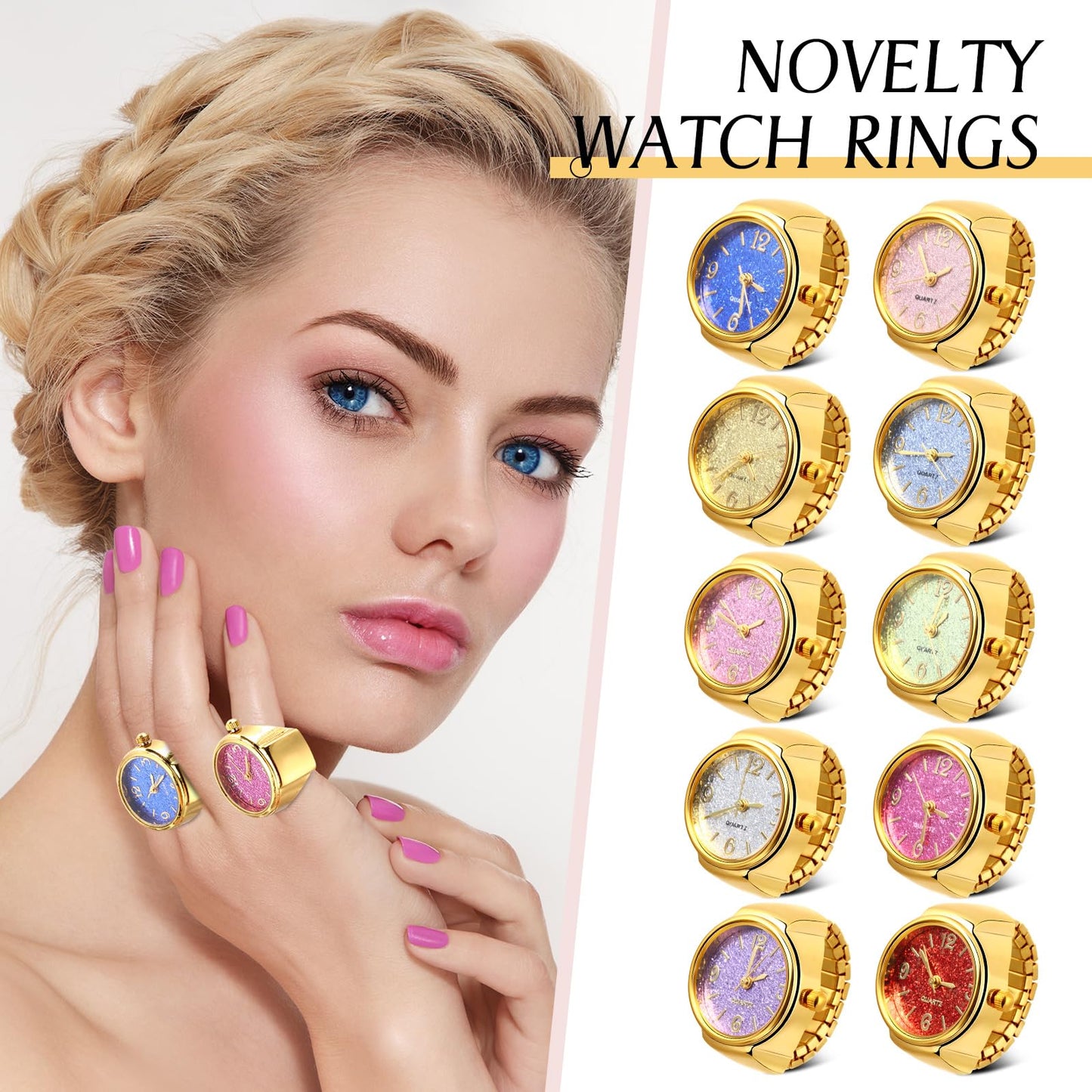 Landical 10 Pcs Finger Watches for Women Men Adjustable Clock Rings Bulk Creative Elastic Round Quartz Finger Watches - Canvas & Charms