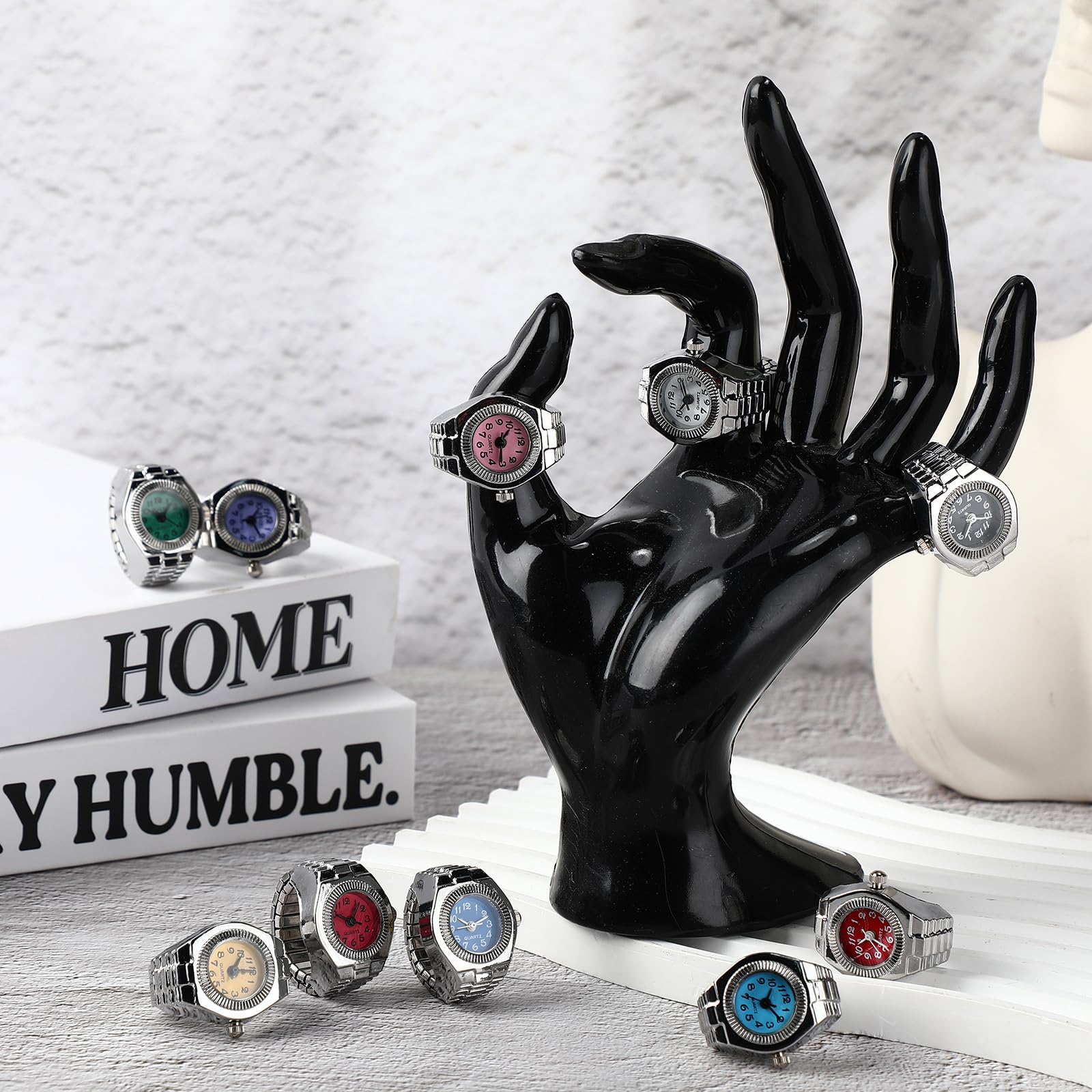 Landical 10 Pcs Finger Watches for Women Men Adjustable Clock Rings Bulk Creative Elastic Round Quartz Finger Watches - Canvas & Charms
