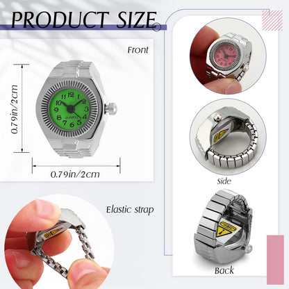 Landical 10 Pcs Finger Watches for Women Men Adjustable Clock Rings Bulk Creative Elastic Round Quartz Finger Watches - Canvas & Charms
