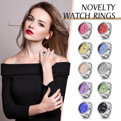 Landical 10 Pcs Finger Watches for Women Men Adjustable Clock Rings Bulk Creative Elastic Round Quartz Finger Watches - Canvas & Charms