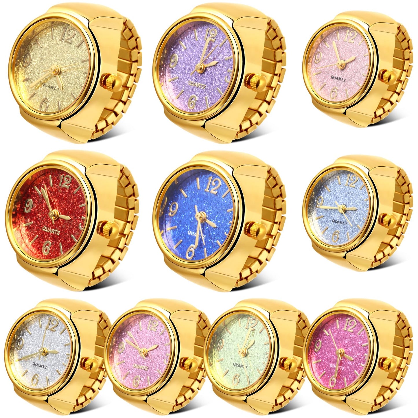 Landical 10 Pcs Finger Watches for Women Men Adjustable Clock Rings Bulk Creative Elastic Round Quartz Finger Watches - Canvas & Charms