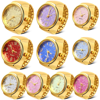 Landical 10 Pcs Finger Watches for Women Men Adjustable Clock Rings Bulk Creative Elastic Round Quartz Finger Watches - Canvas & Charms