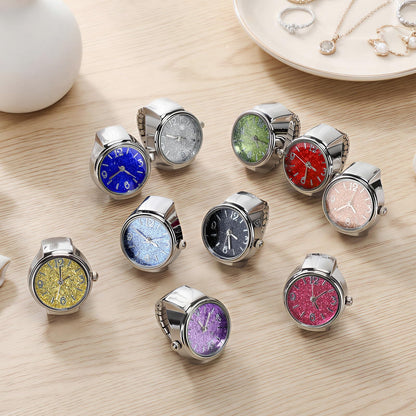 Landical 10 Pcs Finger Watches for Women Men Adjustable Clock Rings Bulk Creative Elastic Round Quartz Finger Watches - Canvas & Charms