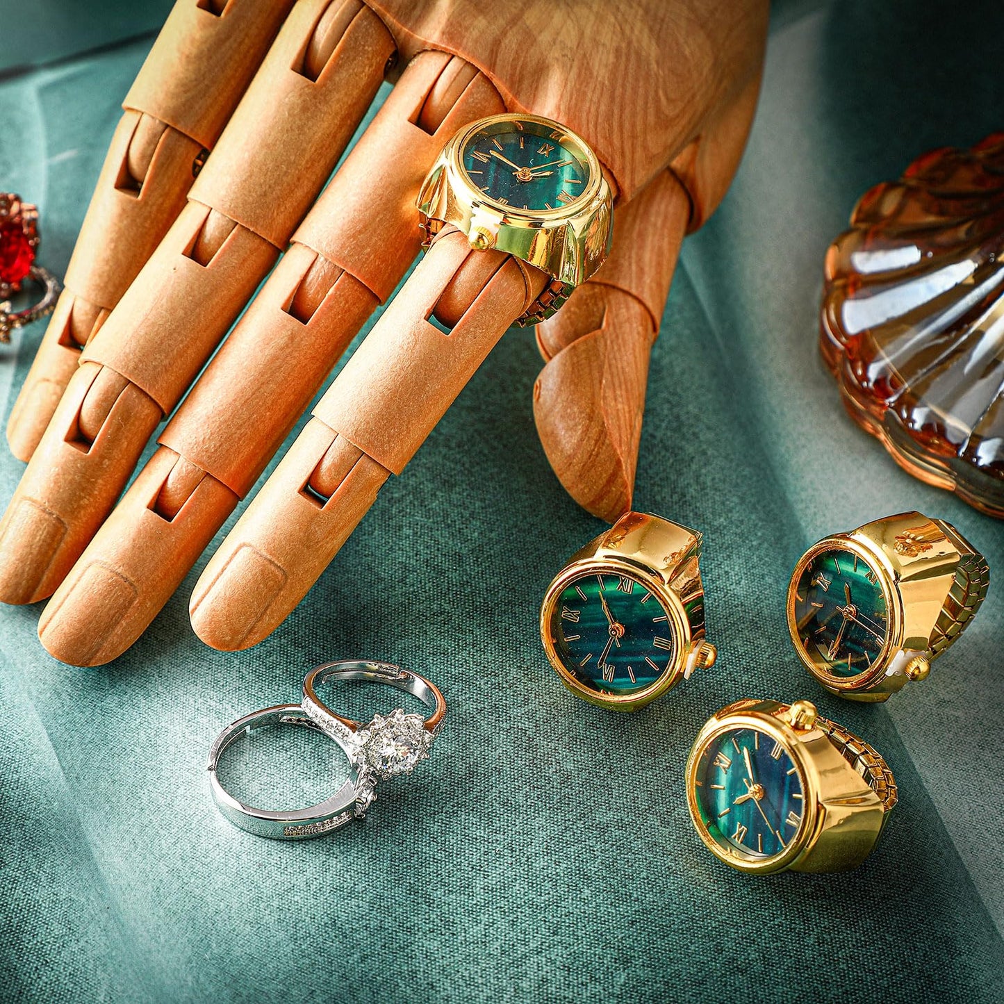 Landical 10 Pcs Finger Watches for Women Men Adjustable Clock Rings Bulk Creative Elastic Round Quartz Finger Watches - Canvas & Charms