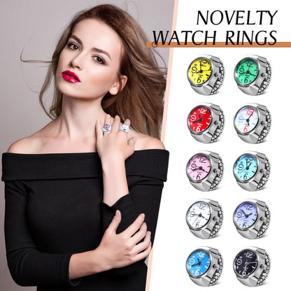 Landical 10 Pcs Finger Watches for Women Men Adjustable Clock Rings Bulk Creative Elastic Round Quartz Finger Watches - Canvas & Charms