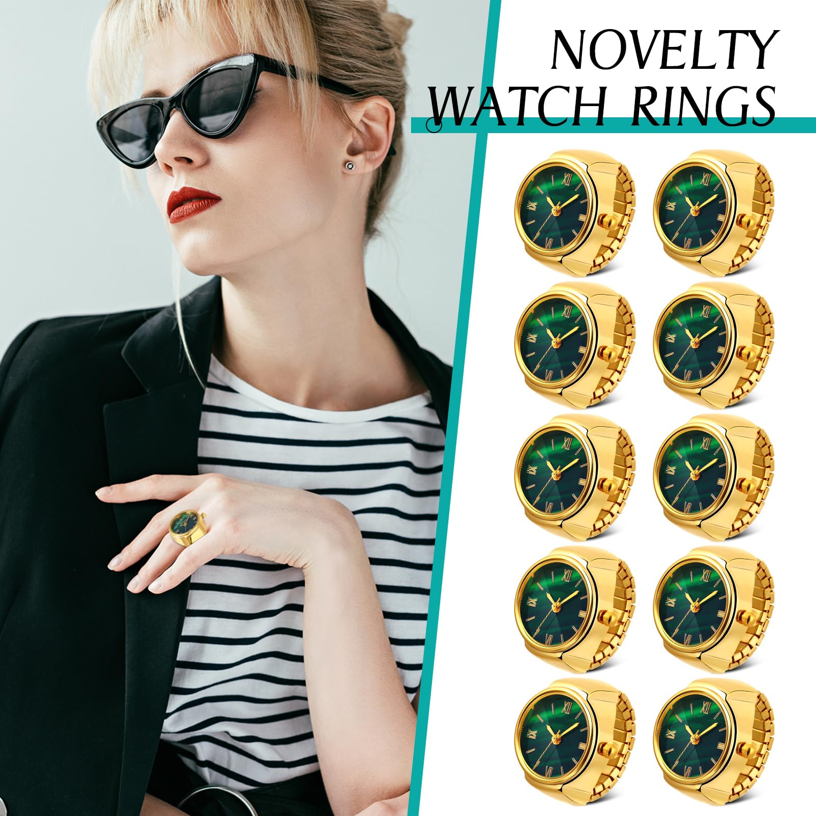 Landical 10 Pcs Finger Watches for Women Men Adjustable Clock Rings Bulk Creative Elastic Round Quartz Finger Watches - Canvas & Charms
