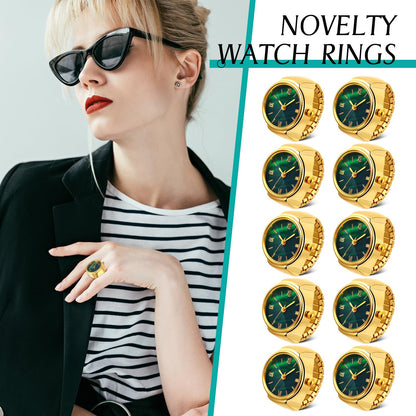Landical 10 Pcs Finger Watches for Women Men Adjustable Clock Rings Bulk Creative Elastic Round Quartz Finger Watches - Canvas & Charms
