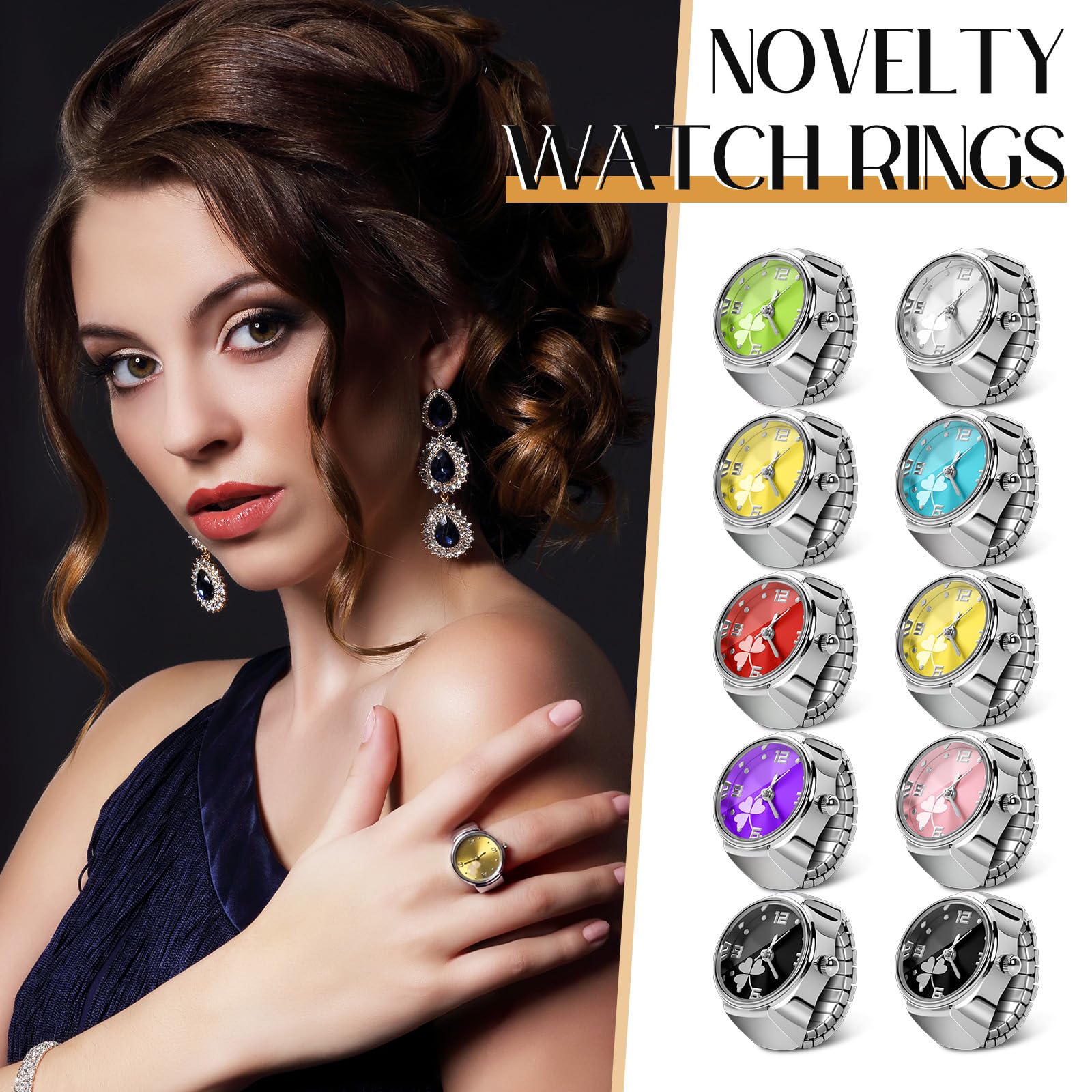 Landical 10 Pcs Finger Watches for Women Men Adjustable Clock Rings Bulk Creative Elastic Round Quartz Finger Watches - Canvas & Charms