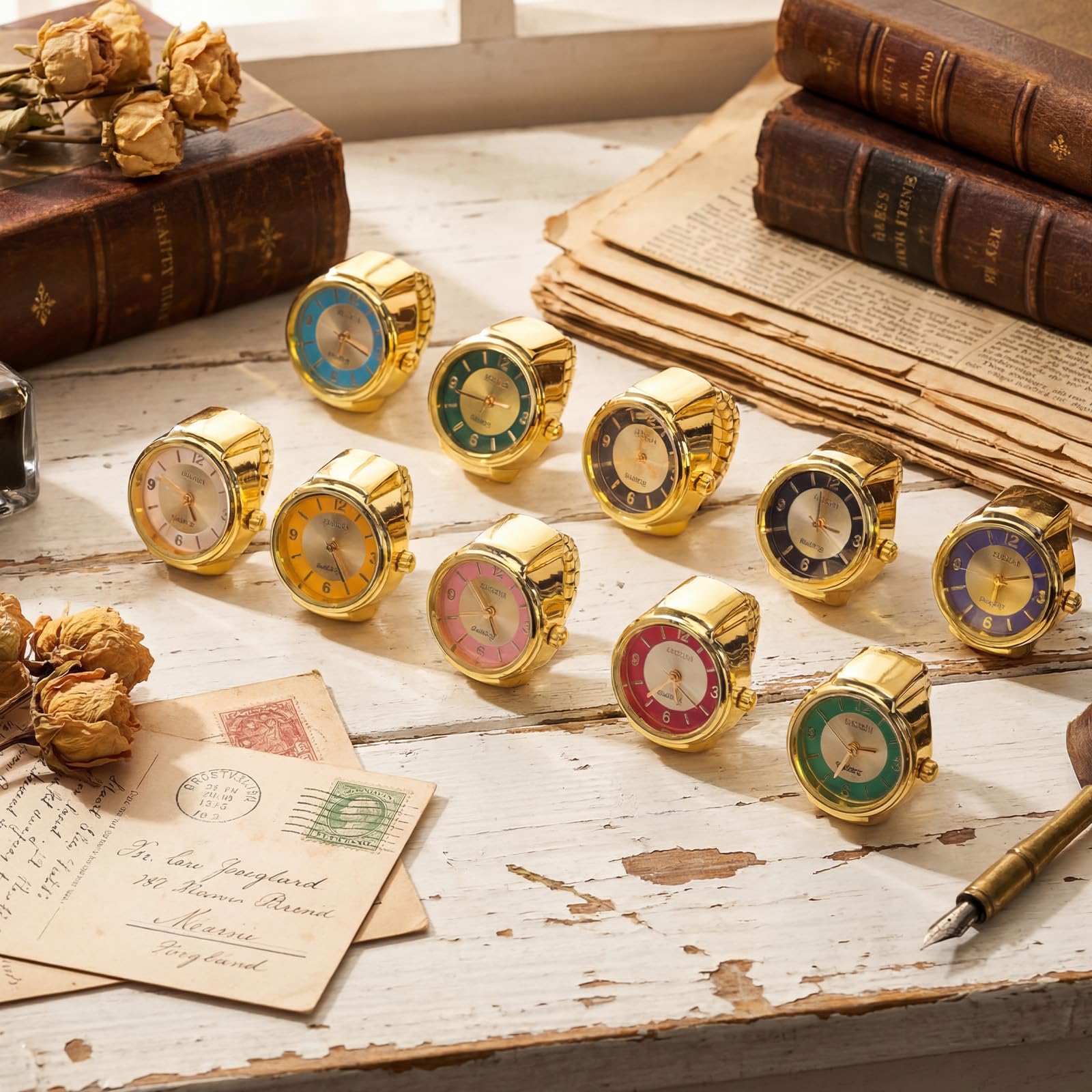 Landical 10 Pcs Finger Watches for Women Men Adjustable Clock Rings Bulk Creative Elastic Round Quartz Finger Watches - Canvas & Charms