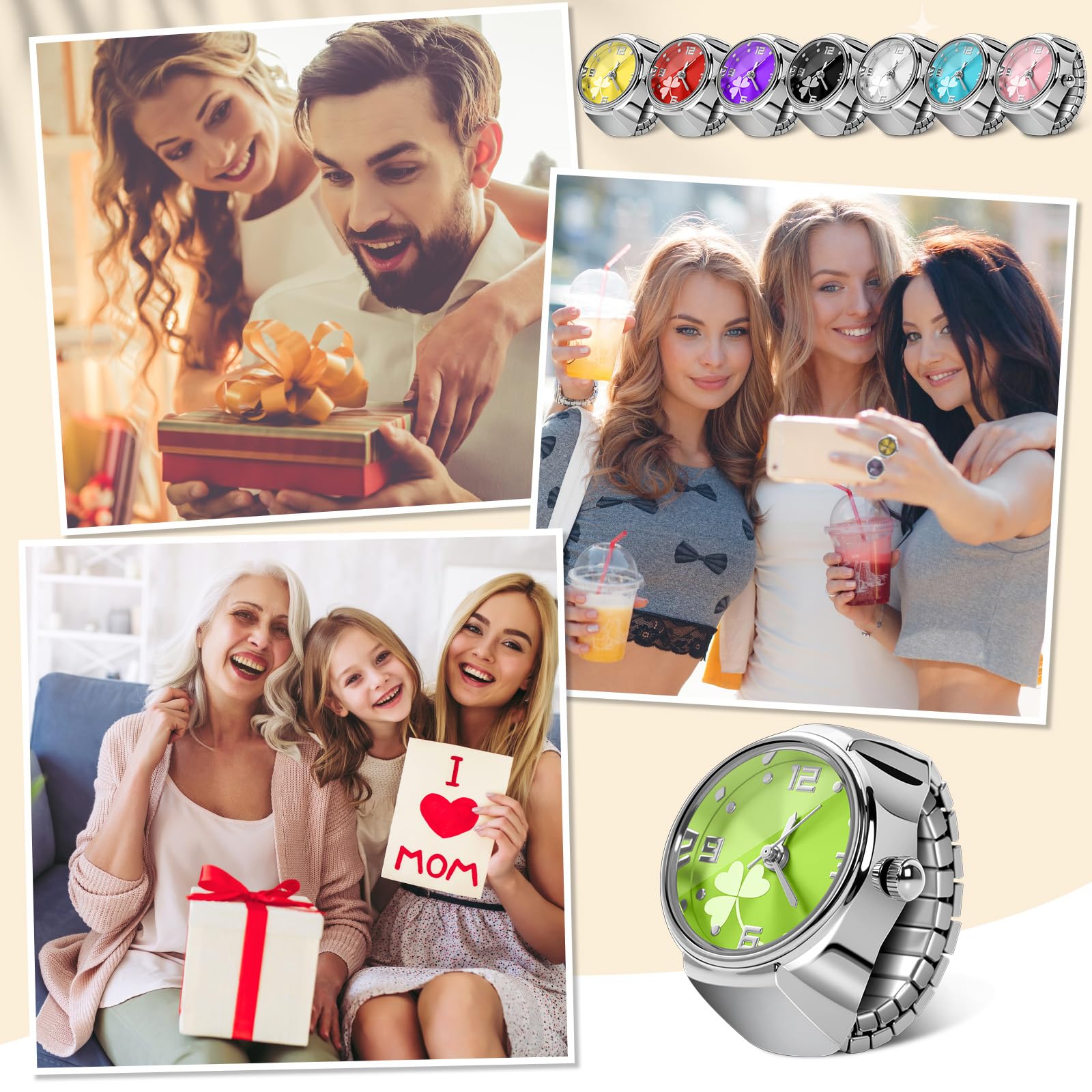 Landical 10 Pcs Finger Watches for Women Men Adjustable Clock Rings Bulk Creative Elastic Round Quartz Finger Watches - Canvas & Charms