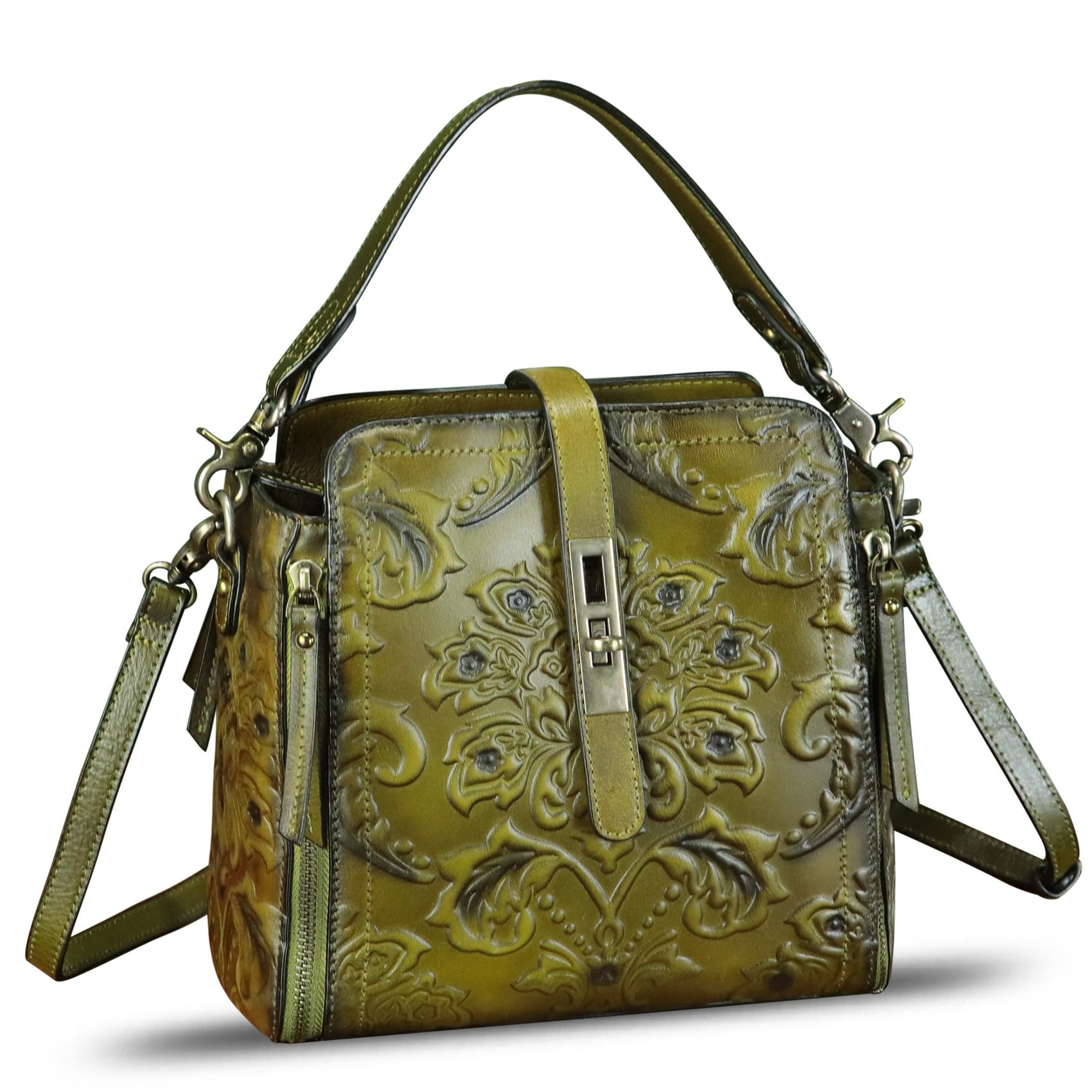 LRTO Genuine Leather Purses and Handbags for Women Retro Embossed Crossbody Shoulder Bag Satchel Pouches - Canvas & Charms