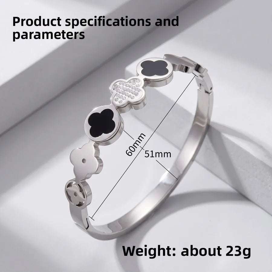 Lucky Heart Inlay Bangle for Women in Steel Color, Made of Titanium Steel with Rhinestone Inlay - Canvas & Charms