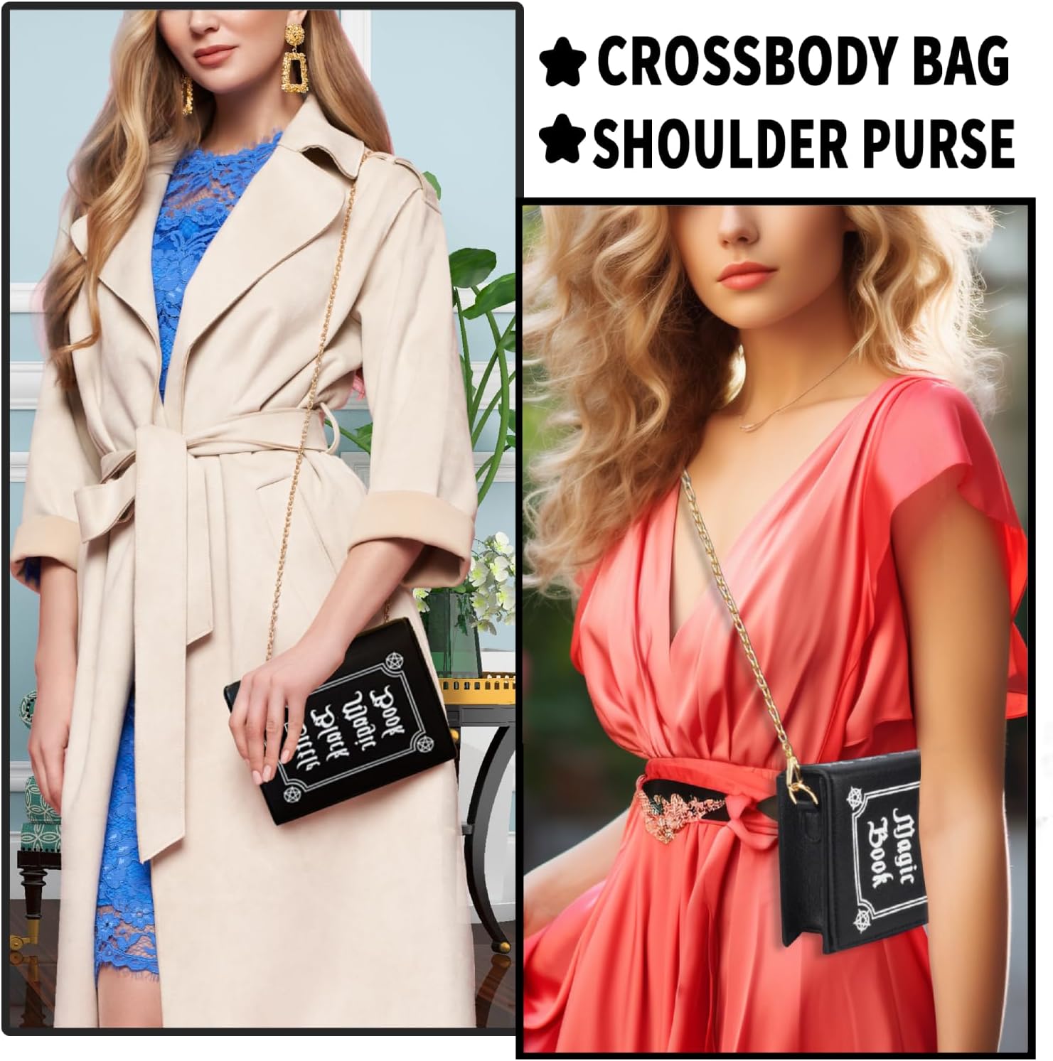 Magic Book Purse Small Crossbody Bags Purse for Women Leather Shoulder Handbag with Chain Shoulder Strap - Canvas & Charms