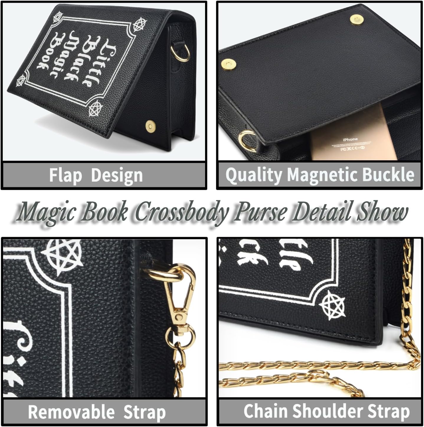 Magic Book Purse Small Crossbody Bags Purse for Women Leather Shoulder Handbag with Chain Shoulder Strap - Canvas & Charms
