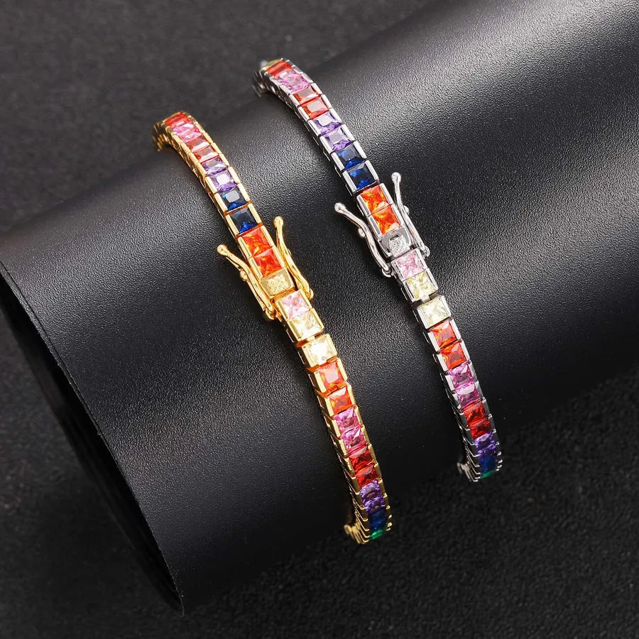 Men's Hip Hop Necklace 4*4mm Colorful Square Zircon Tennis Chain Copper Inlaid Fashionable Jewelry Accessory - Canvas & Charms