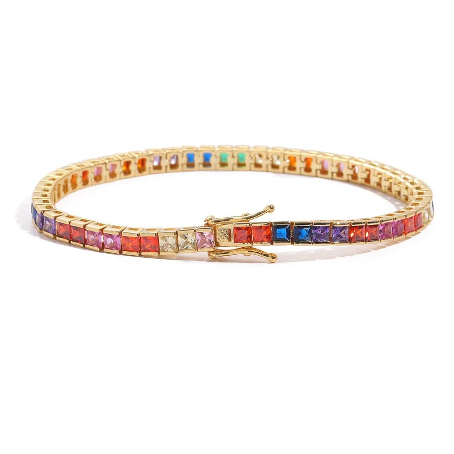 Men's Hip Hop Necklace 4*4mm Colorful Square Zircon Tennis Chain Copper Inlaid Fashionable Jewelry Accessory - Canvas & Charms
