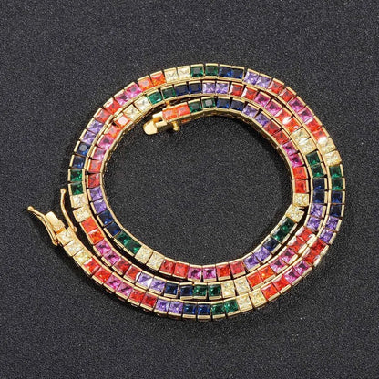 Men's Hip Hop Necklace 4*4mm Colorful Square Zircon Tennis Chain Copper Inlaid Fashionable Jewelry Accessory - Canvas & Charms