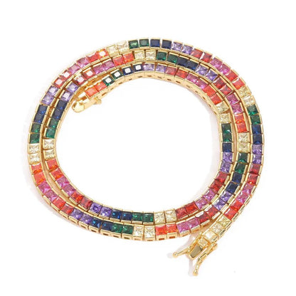 Men's Hip Hop Necklace 4*4mm Colorful Square Zircon Tennis Chain Copper Inlaid Fashionable Jewelry Accessory - Canvas & Charms
