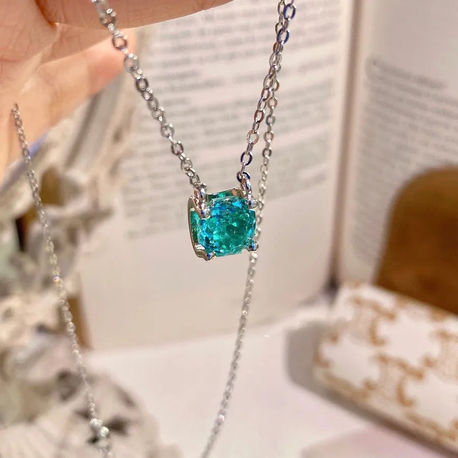 Millennium Rose Cut Paraiba Necklace For Women High Carbon Colorful Diamond Embedded Rose Flower Turquoise Lockbone Chain - Canvas & Charms