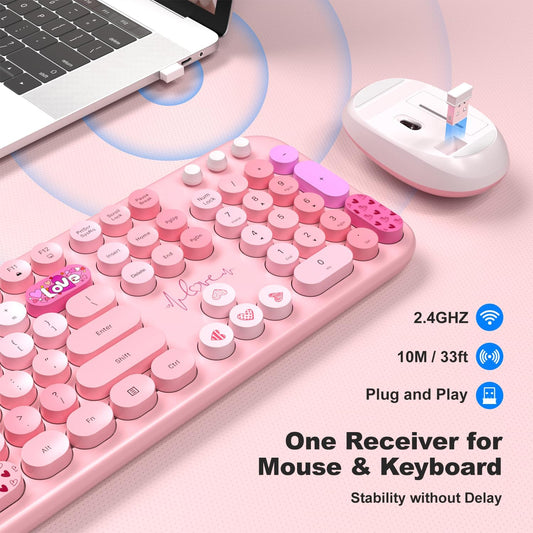 MOFII Wireless Keyboard and Mouse Combo, Full Size 2.4G Plug and Play Typewriter Retro Round Computer Keyboard and Mouse Set for Windows, Computer, Desktop, PC, Notebook - (Pink Colorful) - Canvas & Charms