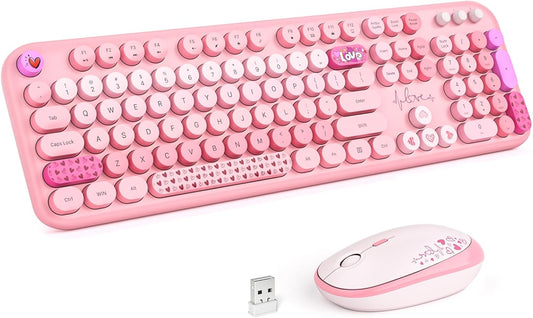 MOFII Wireless Keyboard and Mouse Combo, Full Size 2.4G Plug and Play Typewriter Retro Round Computer Keyboard and Mouse Set for Windows, Computer, Desktop, PC, Notebook - (Pink Colorful) - Canvas & Charms