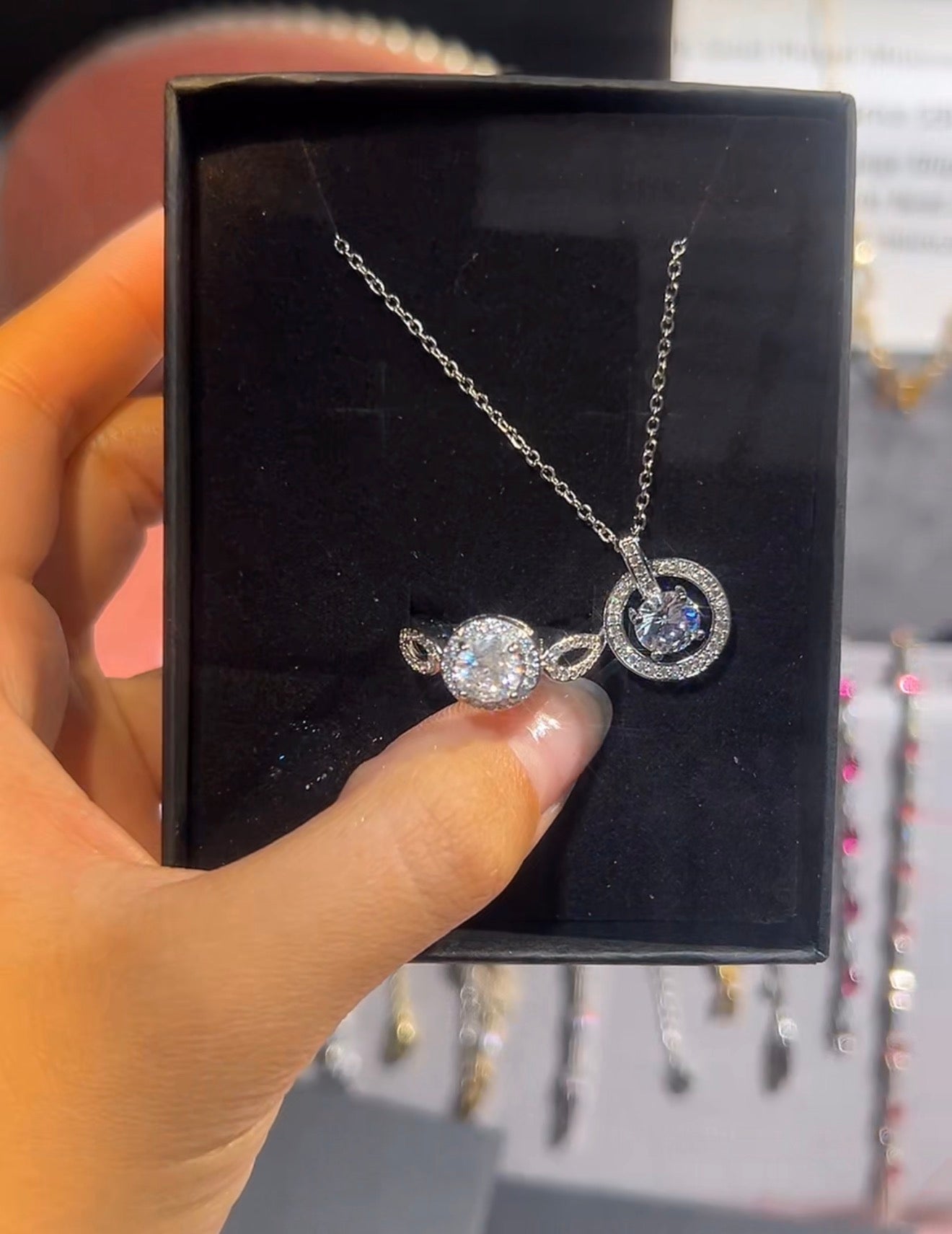 Moissanite Silver Jewelry Set Necklace and Ring Adjustable Size - Canvas & Charms